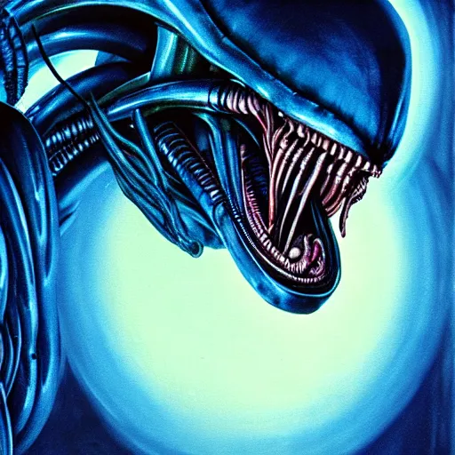 Image similar to a xenomorph looking menacingly at the camera, dramatic blue lighting, night, painted by h. r. giger