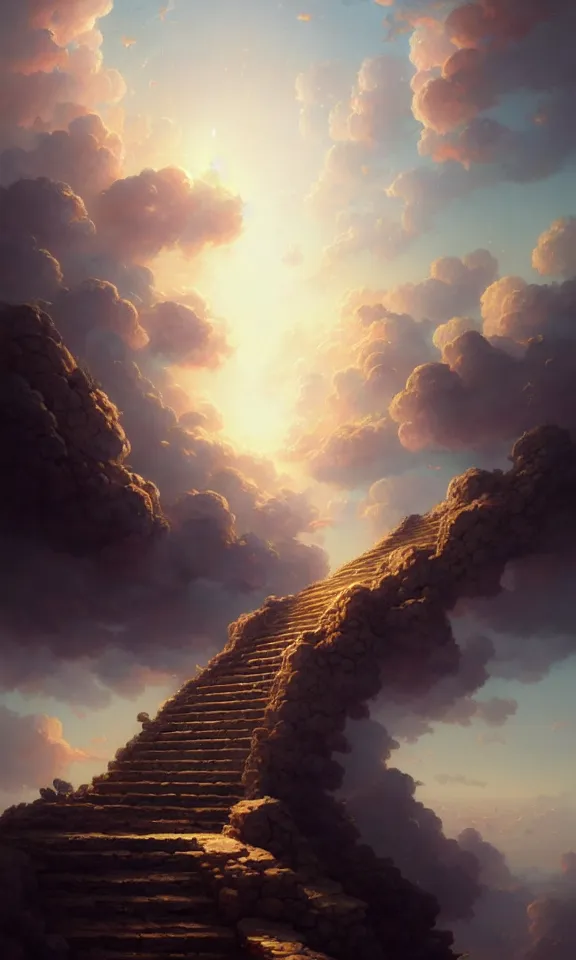 Image similar to stairway to heaven, sky full of clouds, art by greg rutkowski and peter mohrbacher, featured in artstation, octane render, cinematic, elegant, intricate, ultra detailed, rule of thirds, professional lighting, unreal engine, fantasy, concept art, sharp focus, illustration, 8 k