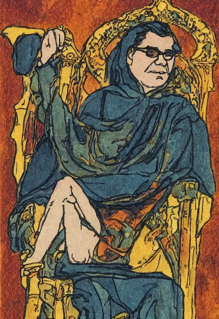 Image similar to Yann LeCun sitting on the throne on a tarot card, illustrated on the Rider–Waite tarot.