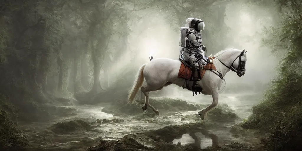 Image similar to an astronaut riding on the back of a white horse through a forest, crossing a river on a bridge, a detailed matte painting by frieke janssens, featured on cgsociety, fantasy art, matte painting, reimagined by industrial light and magic, matte drawing