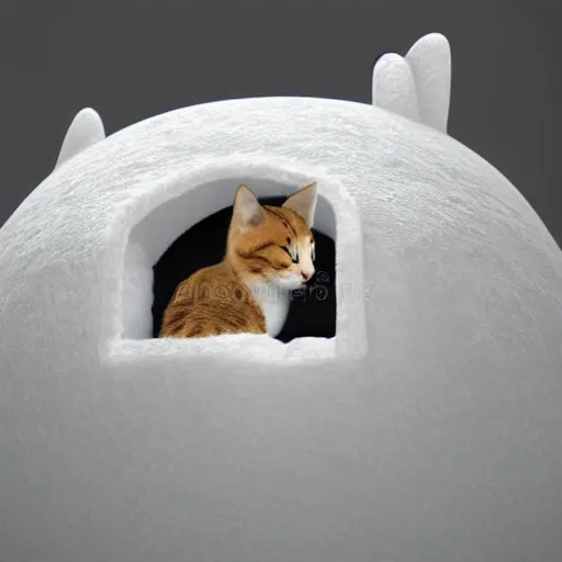 Image similar to cute cat peeking its head out an igloo, close up render