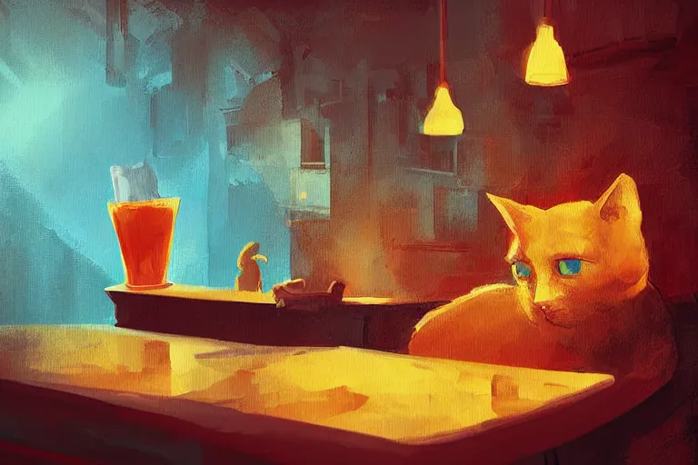 Prompt: a digital art of close up of a cat sits on a chair in a bar, animal, light effect, highly detailed, by anton fadeev