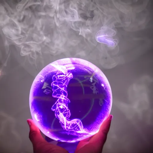 Image similar to a purple crystal ball with magical neon smoke swirling inside of it, award winning photography, cinematic