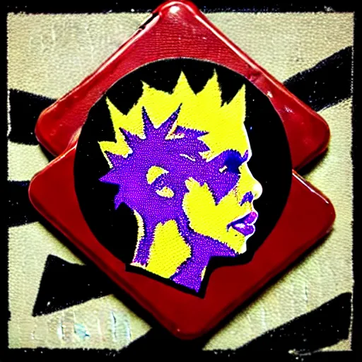 Image similar to painting on a badge!!!!, punks not dead!!!!, exploited!!, clash, junk yard, rats!!, god save the queen!!!, punk rock album cover art style, grunge, no future!!!!, glitch effect