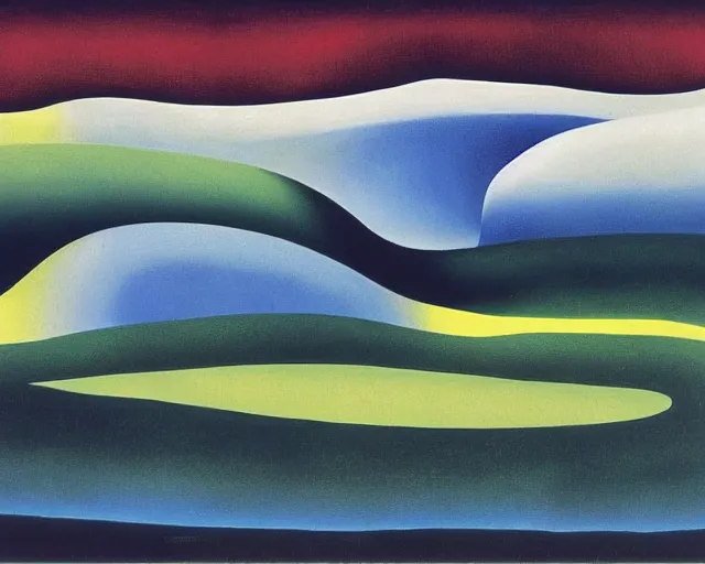 Image similar to An insane, modernist landscape painting. Wild energy patterns rippling in all directions. Curves, organic, zig-zags. Saturated color. Mountains. Clouds. Rushing water. Georgia O'Keeffe. Dali.