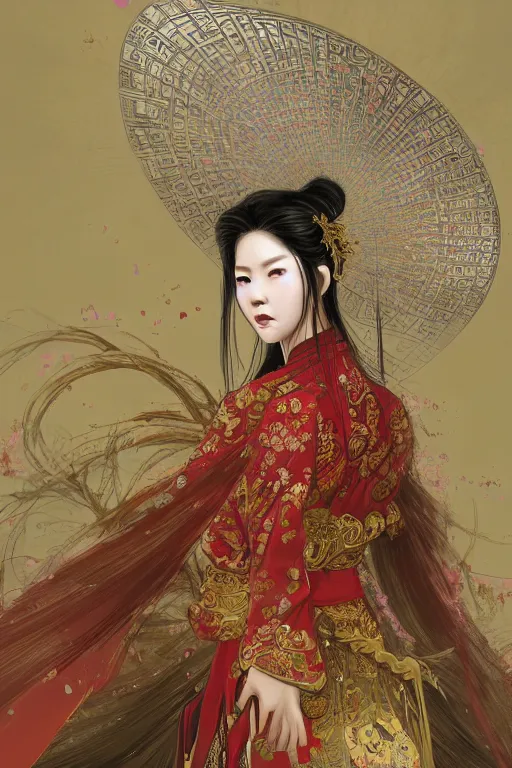 Prompt: portrait wuxia Asian heroine, holy and elite and divine, weraings Chinese costume, in forbidden City Rainning, flowers sea everywhere, ssci-fi, fantasy, intricate, very very beautiful, elegant, highly detailed, digital painting, artstation, concept art, smooth, sharp focus, illustration, art by tian zi and WLOP and alphonse mucha