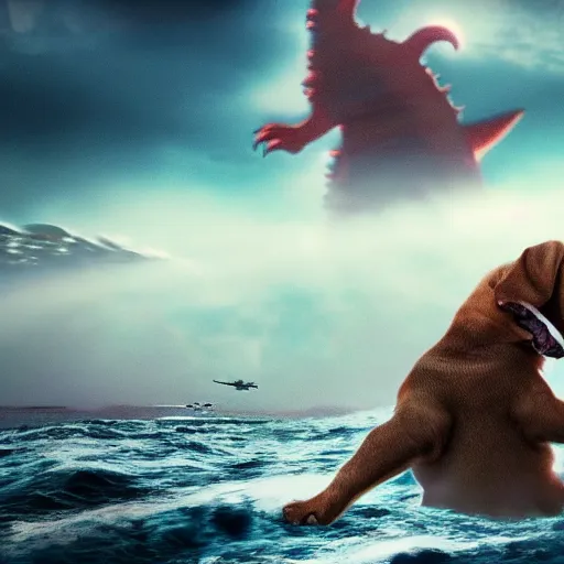 Image similar to gigantic 1 0 0 meters beagle dog fighting with godzilla over the sea, epic cinematic, 4 k, very high detail