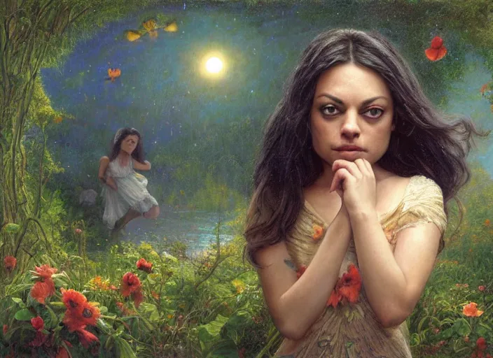 Image similar to Mila Kunis staring into the camera singing a lullaby, fireflies, full moon, Lilia Alvarado, Sophie Anderson, Mark Arian, Bob Byerley, Charlie Bowater, Mark Brooks, Steve Henderson, Justin Gerard, Arthur Hughes, Edward Robert Hughes, Mark Keathley, Victor Nizovtsev, Carlos Shwabe, Ross Tran, WLOP