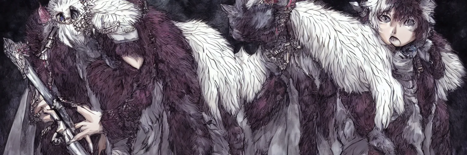 Prompt: a beautiful dressed furry girl, artstation hq, stylized, award winning, dark phantasy, colored page from the berserk manga, created by kentaro miura