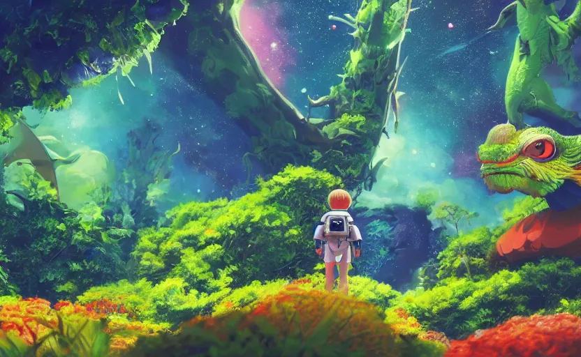 Image similar to a still of a cute adorable tiny astronaut, on a planet of lush colorful foliage, with an enormous kaiju dragon surrounding the full background, magical forest, sharp focus, neon backlit, highly detailed, disney pixar studio ghibli makoto shinkai, digital painting, matte, octane render, global illumination, iridescent, anime, 8 k concept art