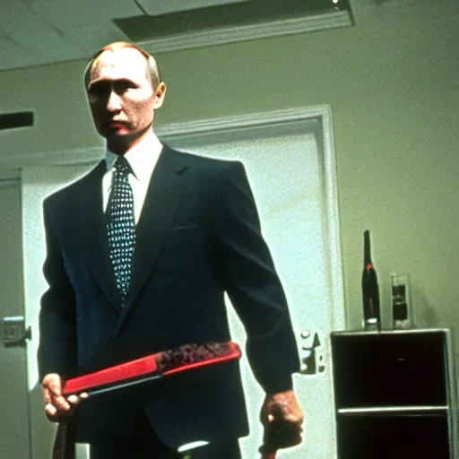 Prompt: Vladimir Putin with an axe in American Psycho (1999)