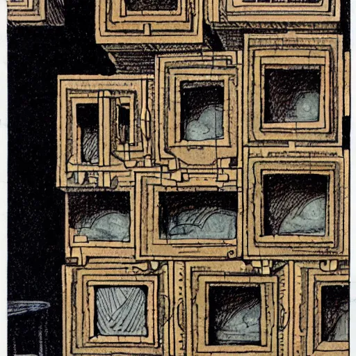 Image similar to milo manara art of woman exploring a giant menger sponge