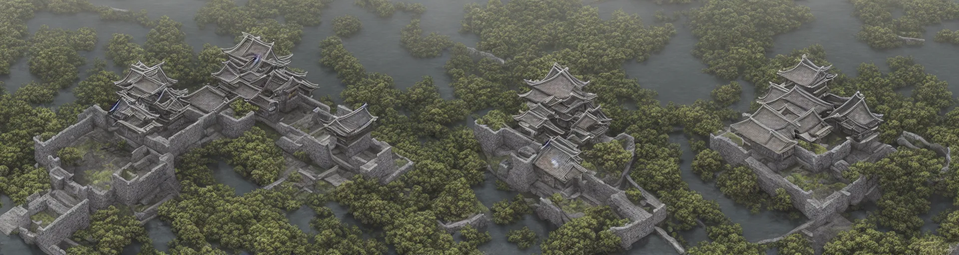 Image similar to photo realistic landscape of medieval japan castle, aerial photography, exquisite detail, octane render, 8 k postprocessing,