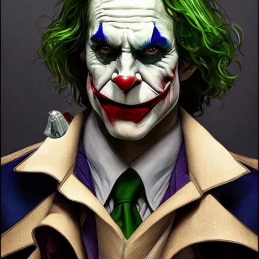 Image similar to [Rossi de Palma as the Joker, closeup, D&D, intricate, elegant, highly detailed, digital painting, artstation, concept art, matte, sharp focus, illustration, art by Artgerm and Greg Rutkowski and Alphonse Mucha]