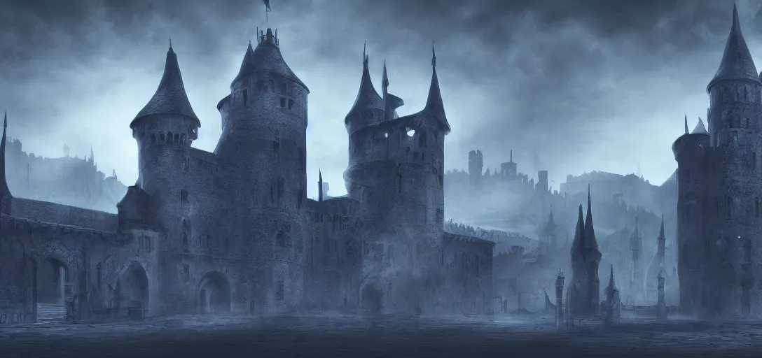 Prompt: A digital concept art painting of a dark blue medieval european ghotic castle with black brick in desert, 4K UHD image, unreal engine