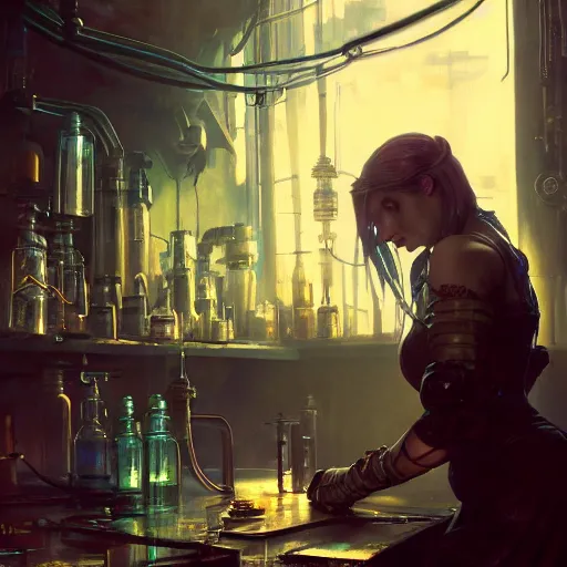 Image similar to cyberpunk alchemy laboratory full of potions, ciri from the witcher it's in the lab. by jeremy mann and alphonse mucha, photo realistic, dynamic lighting, windy, artstation, poster, dreamy, volumetric lighting, ethereal, 4 k, high detail