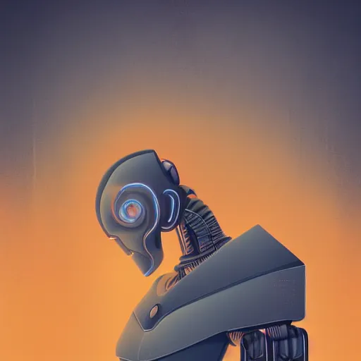 Prompt: portrait of a robot, colorful, modern art deco, mads berg, karolis strautniekas, christopher balaskas, stippled light, fog, moody, fine texture, editorial illustration, dramatic lighting, dynamic composition, detailed, matte print, dynamic perspective, muted color