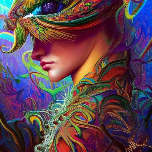 Prompt: A reality bending psychedelic ayahuasca experience, colorful, distorted, surreal, tropical bird feathers, dramatic lighting on the face, intricate, elegant, highly detailed, fire flies, digital painting, concept art, smooth, sharp focus, illustration, art by Krenz Cushart and Wayne Barlowe and alphonse mucha