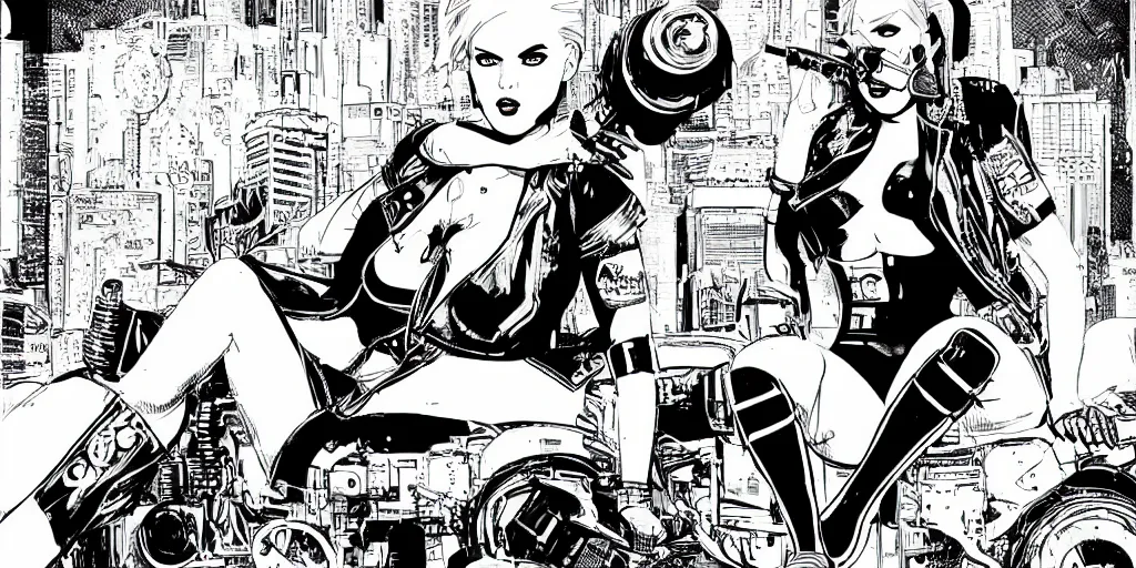 Image similar to single tank girl sitting on top of the tank. comic book style. black and white. illustration. marvel. print. high details.