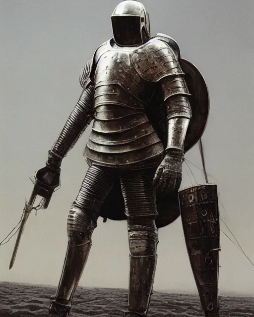 Image similar to crusader knight in armor standing on the moon, retrofuturism sci - fi old movie, highly detailed, photorealistic, 8 k, by beksinski and stalenhag