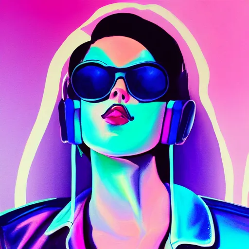 Image similar to closeup painting of a very beautiful young mexican cyberpunk woman with light blue shutter shades, purple leather jacket, synthwave