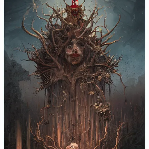 Image similar to King of Fools, With a Jesters crown, Wings lift him up, Roots hold him down, detailed intricate ink illustration, dark atmosphere, detailed illustration, hd, 4k, digital art, overdetailed art, concept art, by greg rutkowski, by loish, complementing colors, Trending on artstation, deviantart