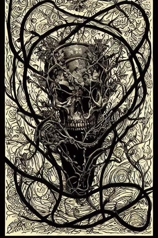 Prompt: portrait of dead king skeleton wrapped in vines, black paper, baroque, rococo, tarot card with ornate border frame, marc Simonetti, paul pope, peter mohrbacher, detailed, intricate ink illustration