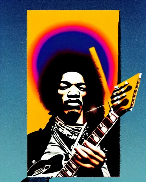 Prompt: grunge rock jimi hendrix taking a selfie with his iphone, instagram, tiktok, postmodern surrealist concert poster, grainy poster art, hand drawn matte painting by lynd ward and gary houston, smooth, sharp focus, extremely detailed, 8 5 mm.