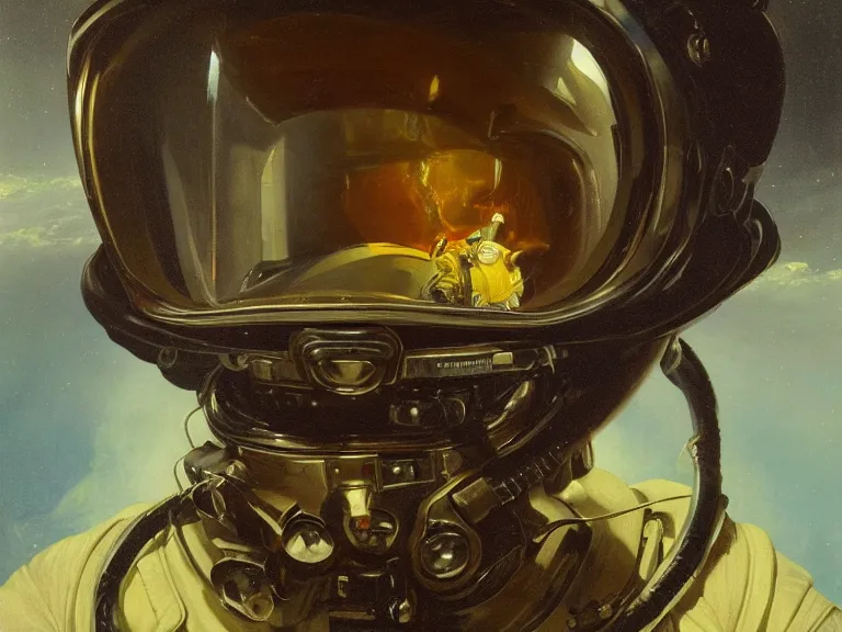 Image similar to a detailed profile oil painting of pilot in a spacesuit with reflective visor, flight suit, portrait symmetrical and science fiction theme with aurora lighting by beksinski carl spitzweg and tuomas korpi. baroque elements, full-length view. baroque element. intricate artwork by caravaggio. Trending on artstation. 8k