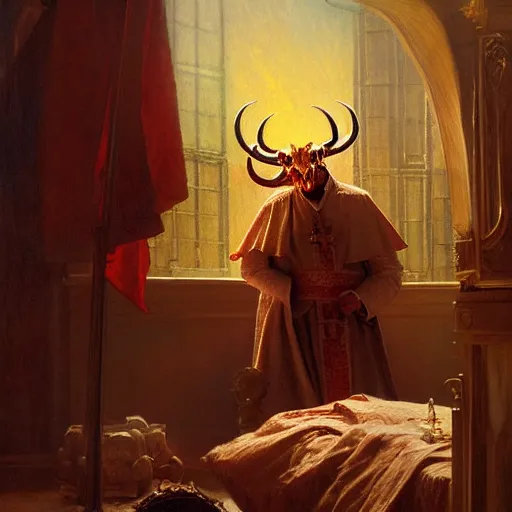 Image similar to the pope is in his bedroom, scared because a horned demon is attacking him. highly detailed painting by gaston bussiere, greg rutkowski, craig mullins 8 k