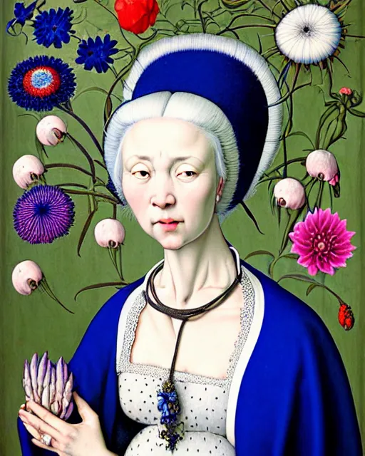Prompt: portrait of a woman with white hair, wearing a plastic blue dress, standing in a room full of plants and flowers, white background, intricate details, high detail, in the style of rogier van der weyden and jacopo da pontormo, by mark ryden, punk, asian art,
