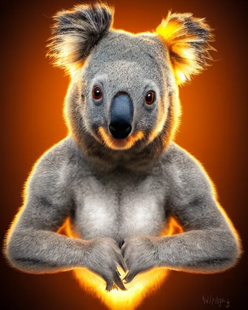 Prompt: beautiful koala as honey, made of honey, wearing honey - themed miniskirt, award winning creature portrait photography, extremely detailed, artstation, 8 k, sensual lighting, incredible art, wlop, artgerm, backlit, rim lighting