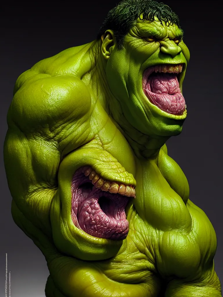 Image similar to hyperrealistic rendering, fat smooth cronenberg flesh monster hulk by donato giancola and greg rutkowski and wayne barlow and zdzisław beksinski, product photography, action figure, sofubi, studio lighting, colored gels, colored background