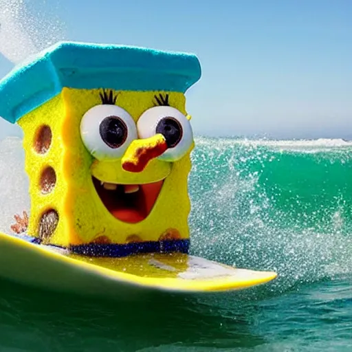 Prompt: real life spongebob, surfing in the sea