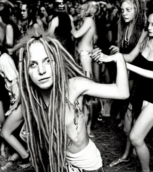 Image similar to portrait of a stunningly beautiful hippie girl with shoulder length blonde dreadlocks dancing at a rave festival, by bruce davidson