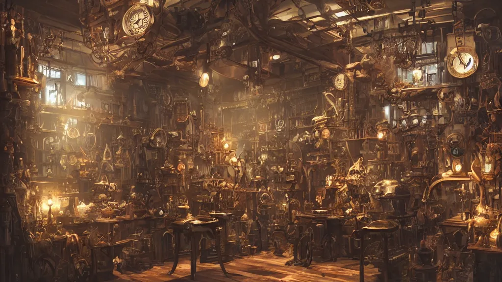 Image similar to A steampunk store, by Danar Worya and Greg Rutkowski, and artgerm, ultra detailed displays of weapons and clockwork machinations densely packed on shelves, volumetric lighting, 8k, unreal engine, trending on artstation