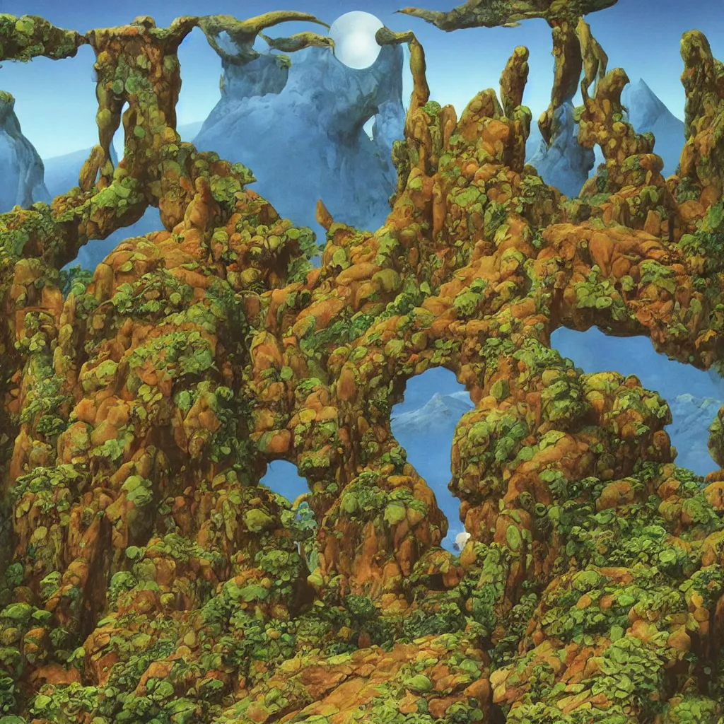 Prompt: entrance to Mount Olympus by Roger Dean,