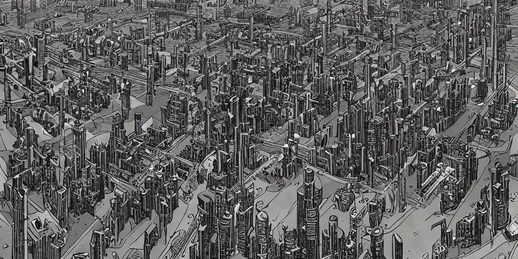 Image similar to sprawling Atompunk city with spouts of steam, by Moebius