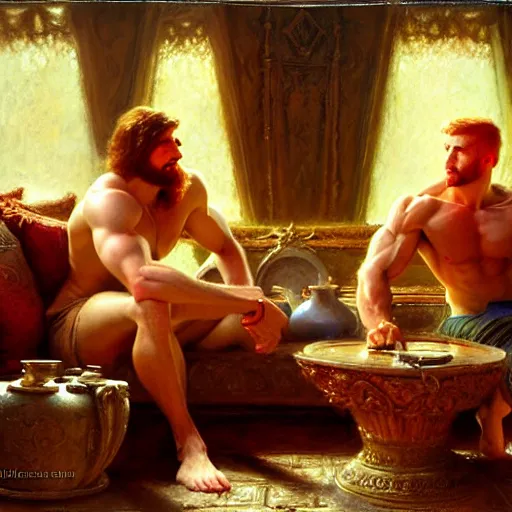 Image similar to attractive muscular mike with ginger hair with attractive tyler with brunet hair, drinking their hearts out, in their noble mansion. image defined to the maximum, highly detailed painting by gaston bussiere, craig mullins 8 k