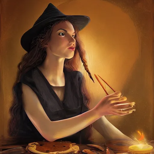 Prompt: Portrait of a young gorgeous witch making magic with her hands, eeries, mystical, in the style of Wlop