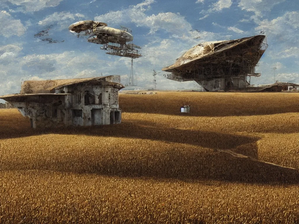 Image similar to A fantastic painting of a dilapidated post-modern building on a wheat field with an abandoned spaceship parked on the roof of the building, by Mat Collishaw, Trending on artstation, very detailed