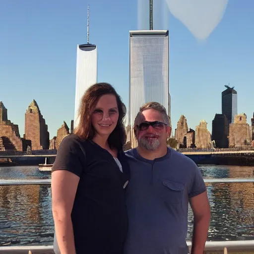 Prompt: a close up of a smiling couple of parents to be, in front of 9 / 1 1 with pink smoke