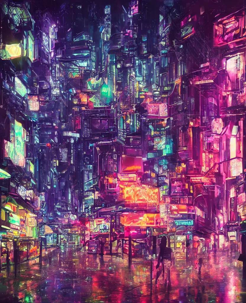 Image similar to cluttered futuristic city at night, night clubs and neons, rain, girl under lantern, by Sean Foley