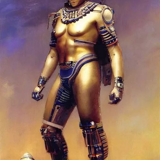 Prompt: a cyborg fighter, Egyptian features, resting after a hard fight, happily tired, sci fi character portrait by gaston bussiere, craig mullins