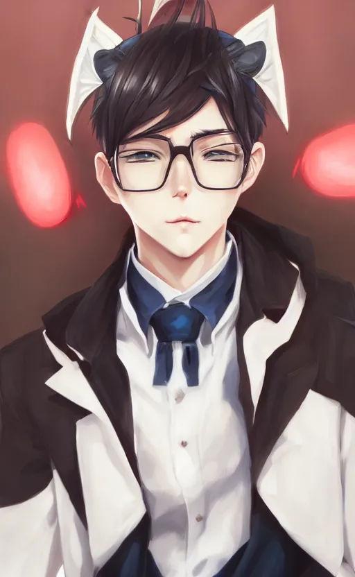 Image similar to A realistic anime portrait of a handsome young man with cat ears wearing a suit, white background, by WLOP and Rossdraws, digtial painting, trending on ArtStation