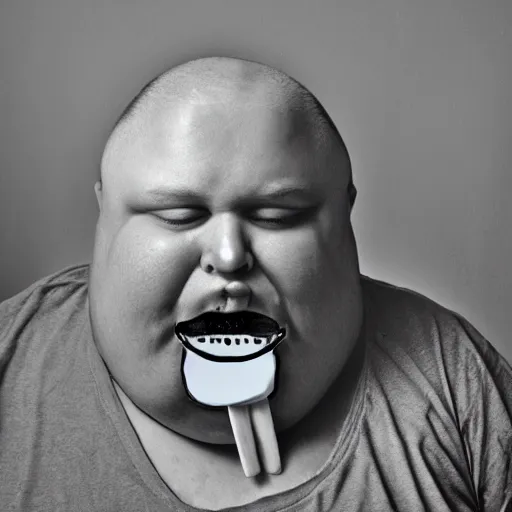 Prompt: an obese man with his mouth stuffed with popsicles mounted on chains and metal spikes by Michael Wheelan