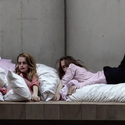 Image similar to emma watson and her friends sleeping in a bunch of cozy beds