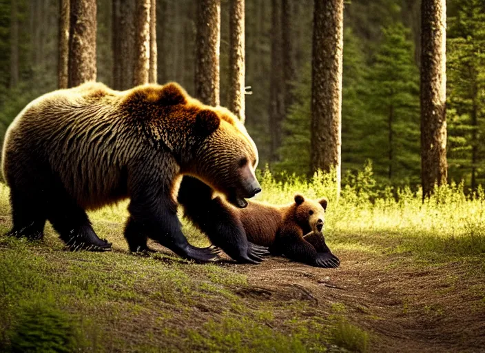 Prompt: photo of chuck norris riding his grizzly bear, in the forest. horror style. highly detailed 8 k. intricate. life - like. soft light. sony a 7 r iv 5 5 mm. award winning photography.