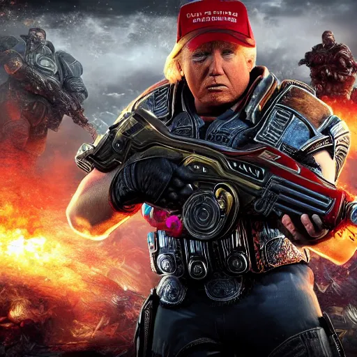 Image similar to Photo portrait of Donald Trump as God-Emperor in Gears of War, splash art, movie still, detailed face, photorealistic facial features, cinematic lighting, dramatic, octane render, long lens, shallow depth of field, bokeh, anamorphic lens flare, 8k, hyper detailed, 35mm film grain