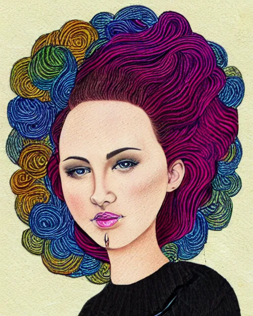 Image similar to a young woman with an extravagant hair style, colored pencil rendering graphic collage in the style of Erica Rose Levine